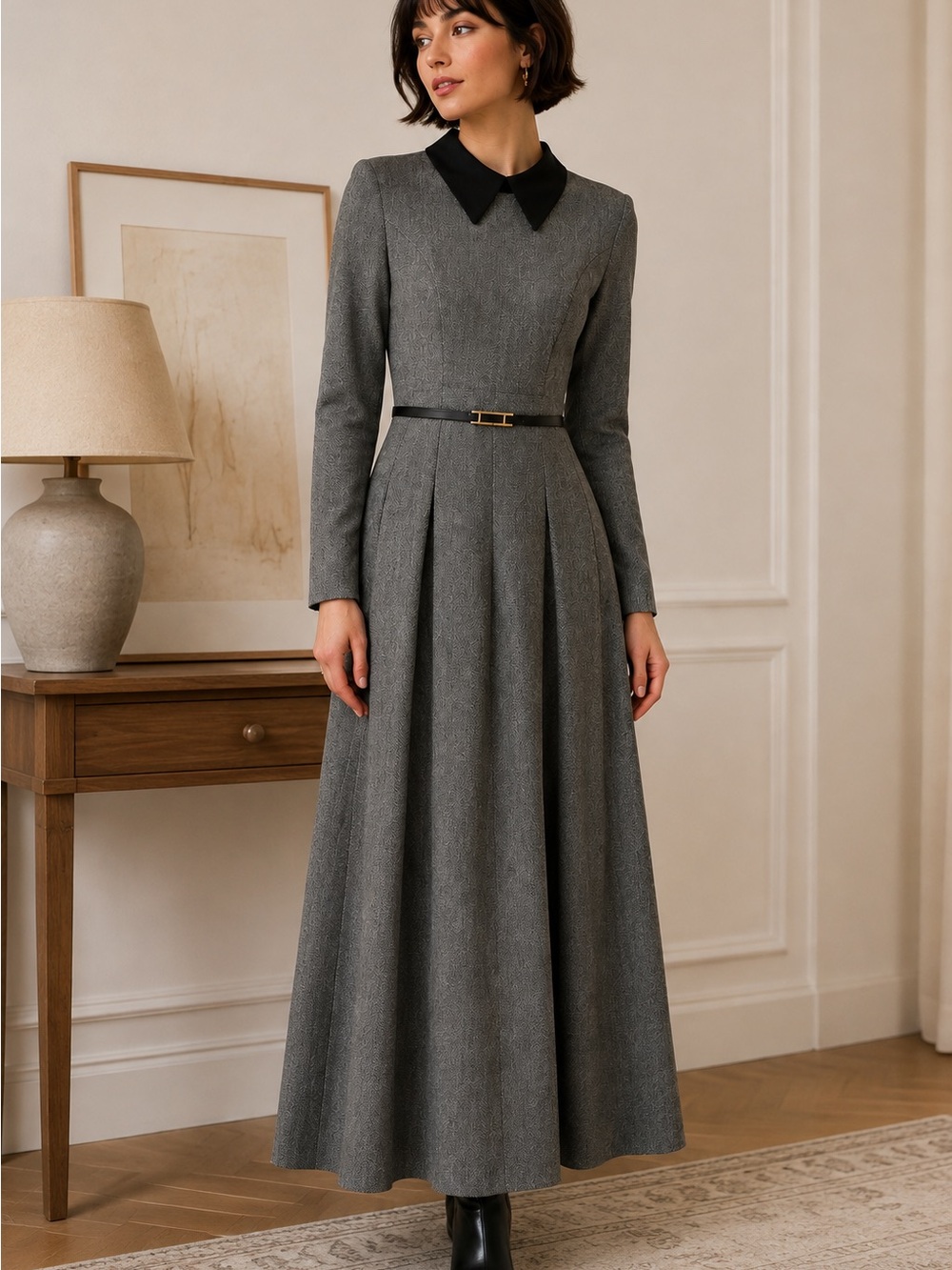 Elegant Gray Long-Sleeve A-Line Dress with Black Collar
